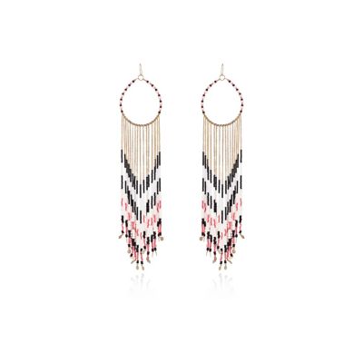 pink long bead tassel hoop earrings