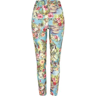 blue tropical print super skinny jeans