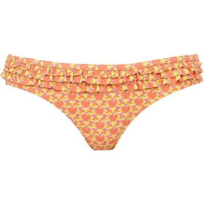 Coral heart print frill bikini briefs