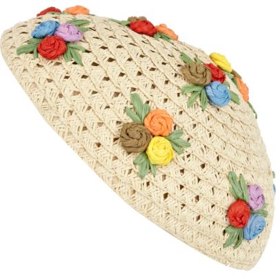 cream flower embroidered straw hat
