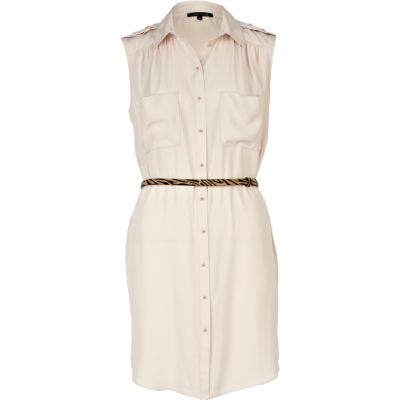 light beige sleeveless utility shirt dress