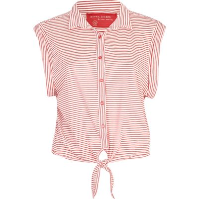 red stripe tie front crop shirt