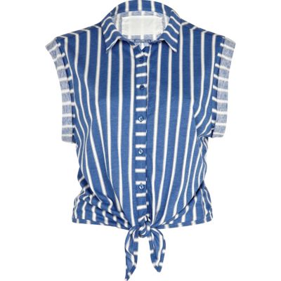 blue vertical stripe tie front shirt