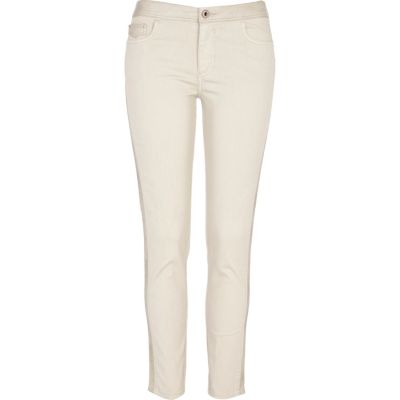 cream pu panelled skinny trousers
