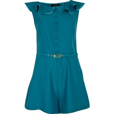 Teal frill neck belted playsuit