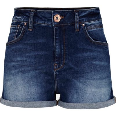 mid wash denim high waisted shorts