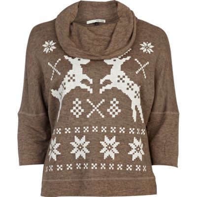 Brown reindeer print cowl neck top
