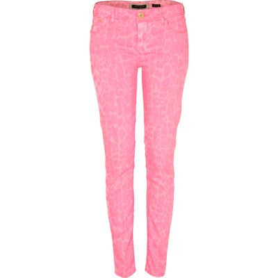 pink fluorescent print super skinny jeans