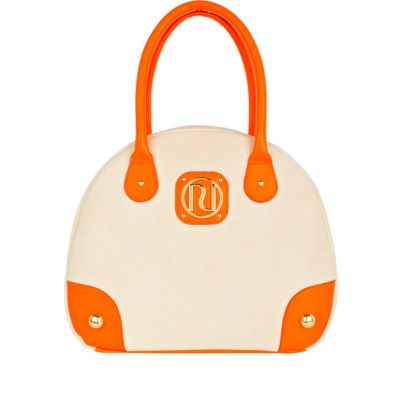 cream and neon orange vanity bag