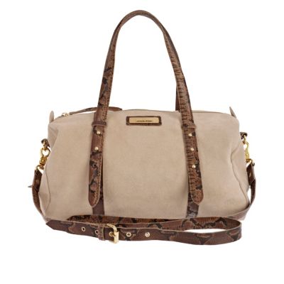 beige snake trim leather barrel bag 
