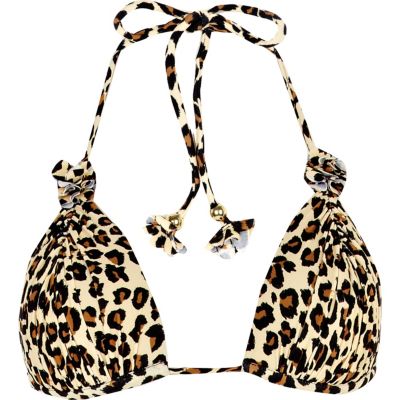 brown leopard print ruched bikini top