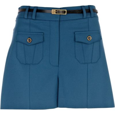 blue double pocket high waisted short