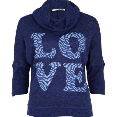 Navy love print cowl neck top