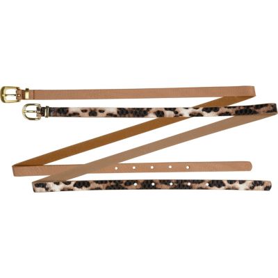 brown leopard print two pack skinny belts