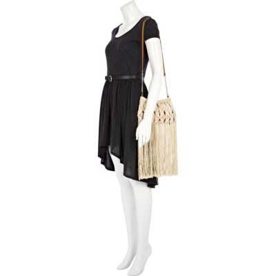 Cream macrame tassel cross body bag