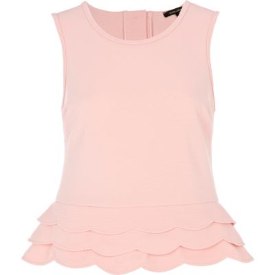 pink ponti button back peplum scallop top