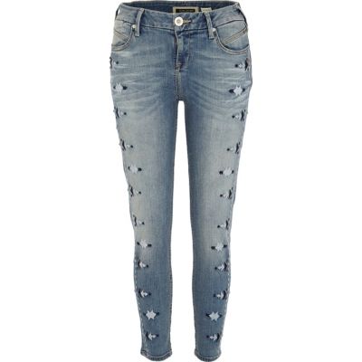 mid wash denim embroidered ankle grazer jeans