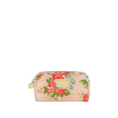 pink floral print double zip make up purse