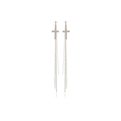 silver tone cross and chain dangle earrings