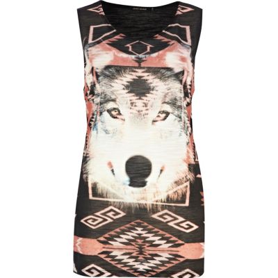 black aztec wolf print tank