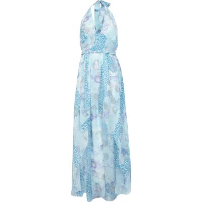 blue print halter neck maxi dress