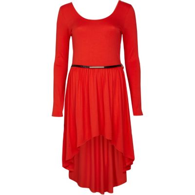 Red dip hem midi dress
