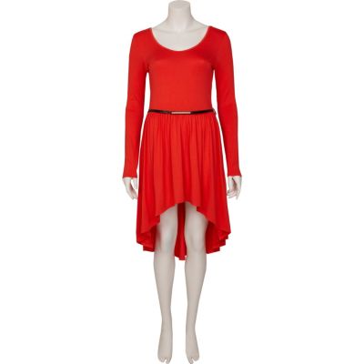 Red dip hem midi dress