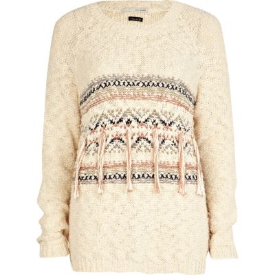 cream print tassel jumper