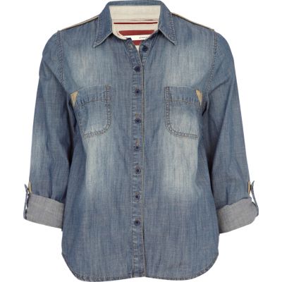 light wash denim leather pocket detail shirt
