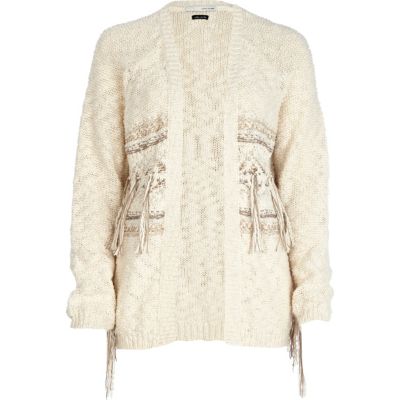 beige fairisle tassel cardigan