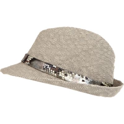 Beige snake print trilby hat