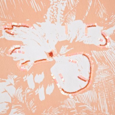 Orange colour block floral print prom dress
