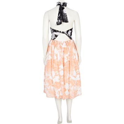Orange colour block floral print prom dress