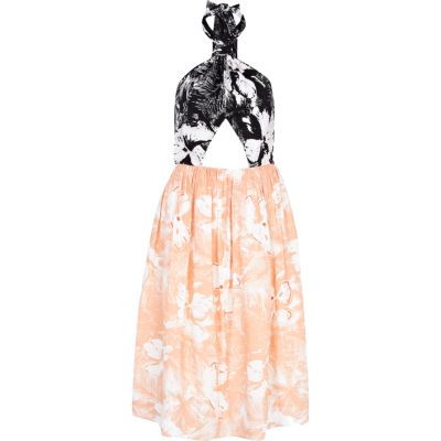 Orange colour block floral print prom dress