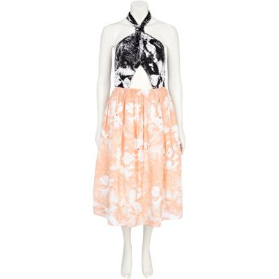 Orange colour block floral print prom dress