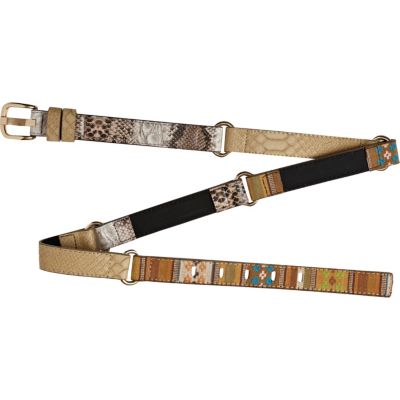 Beige snake skin section skinny jeans belt