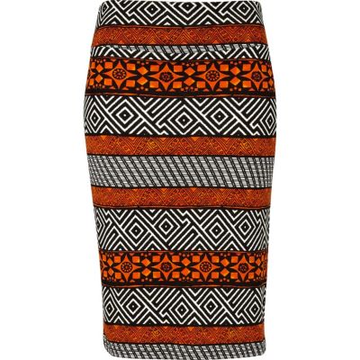 black tribal print midi tube skirt