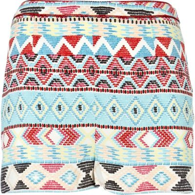 blue aztec print high waisted shorts