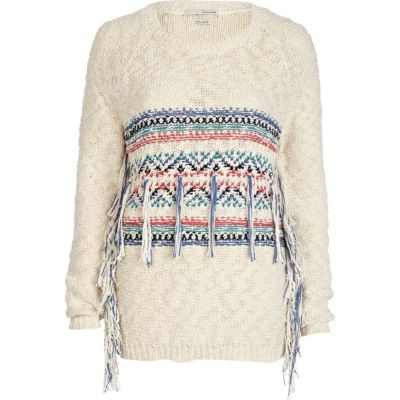 cream print tassel jumper