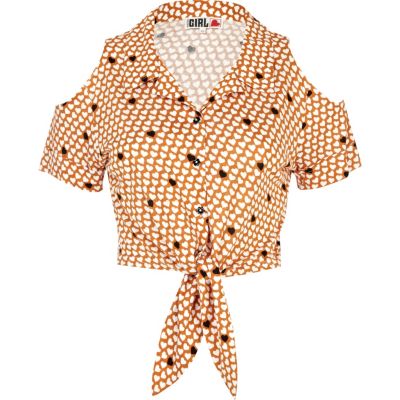 light brown chelsea girl tie front crop shirt