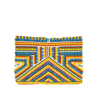 yellow print beaded leather clutch bag