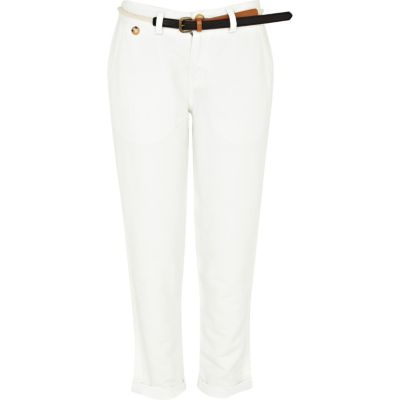 White linen belted trousers