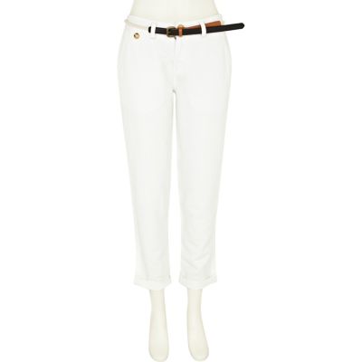 White linen belted trousers