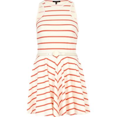 red stripe racer front belted skater dress