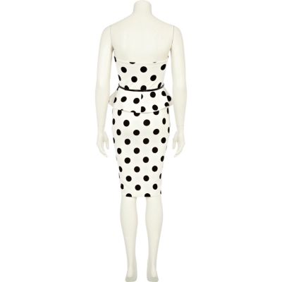 White polka dot bandeau peplum dress