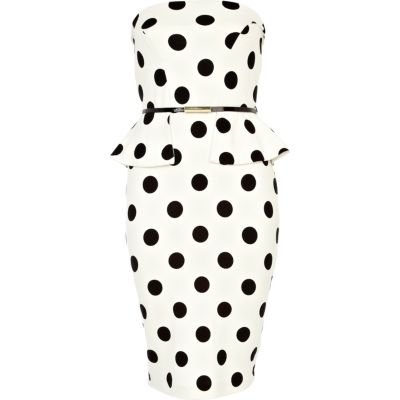 White polka dot bandeau peplum dress