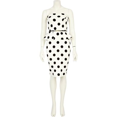 White polka dot bandeau peplum dress