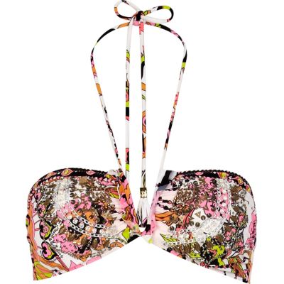 Black print pacha embellished bikini top