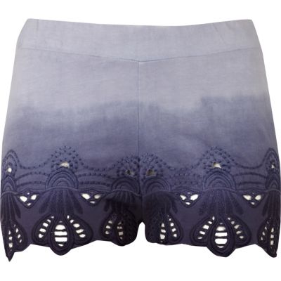 blue embroidered hem shorts