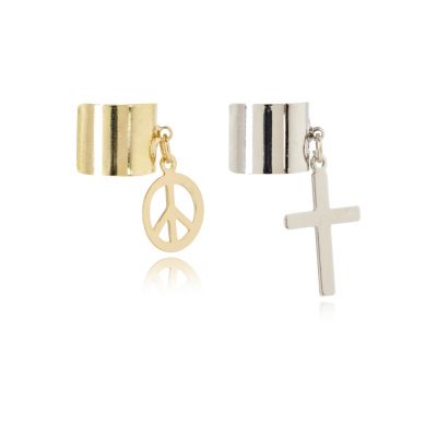 gold and silver tone peace and cross ear cuff